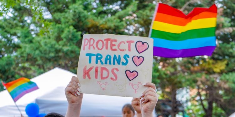Image shows a poster that says 'PROTECT TRANS KIDS'