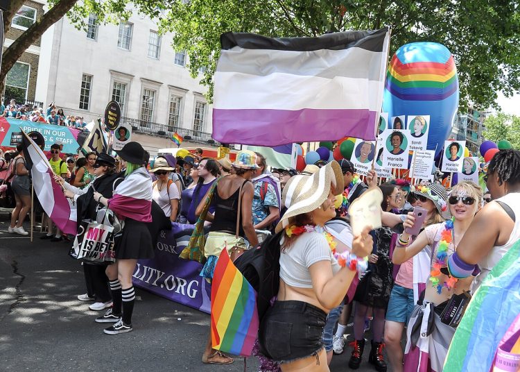 Groups at London Pride with the asexual flag at the front
