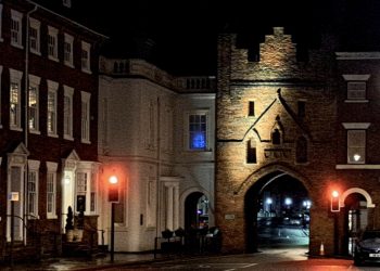 An old gateway, illuminated at night in Beverley, a town in Yorkshire