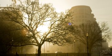 A view of Foggy Bottom in the morning from the Washington Circle, one of many traffic circles in DC