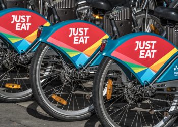 Close up of wheels of Just Eat rental bikes
