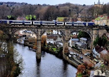 the railway viaduct towering over the Nidd Gorge with the river far below on the approach to Knaresborough station