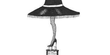 an illustration of a large hat on a female leg in high heels perched on top of an academy award base