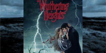 a poster for the new Wuthering Heights film two people embrace next to a tree with lightning behind it