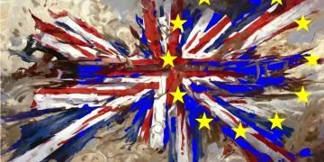 a tattered Union Jack flag and the yellow stars of the EU flag