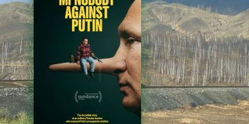 a poster for a documentary above an image of bare trees in Karabash Russia