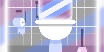 a toilet with the purple pink and white trans flag on the cistern
