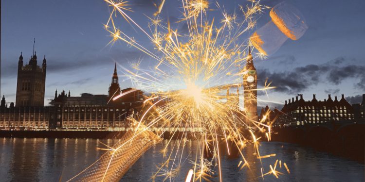 an image of the houses of parliament seen from the river, a fizzing bottle of champage superimposed