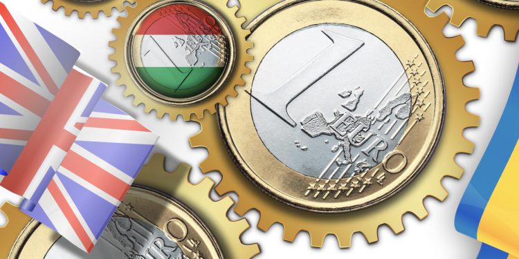euro coins laid out like cogs with British, Hungarian and Ukraine flags around them