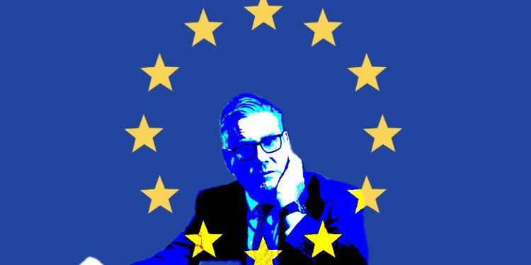 a circle of yellow stars on a blue background is the european flag, a stylised image of a man’s head and shoulders is visible through the ring of stars, it is UK prime minister Keir STarmer