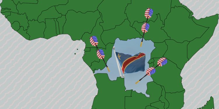 a map of Africa highlighting the Democratic Republic of Congo with its flag (blue with red sash and gold star) and USA darts aiming at the country (providing aid for Ebola outbreak)