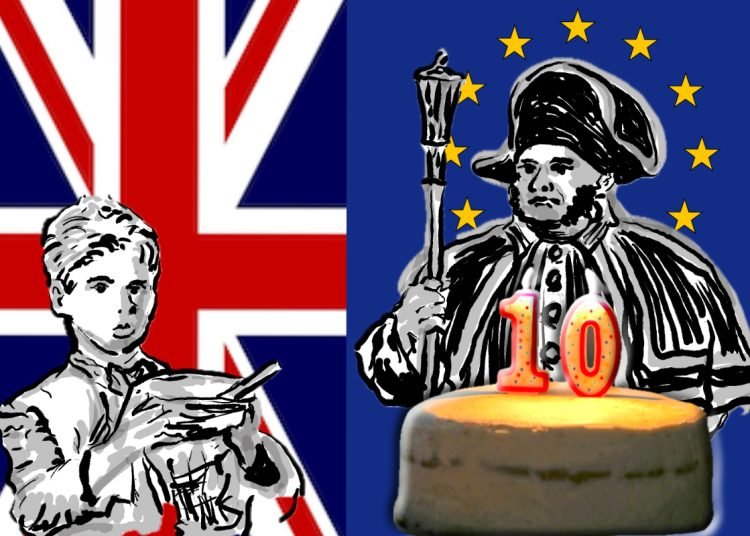 a boy in front of a union jack flag holds out a bowl, a man stands in front of a European flag of yellow stars and next to a cake with the number ten in candles on the top