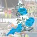 Montage of photos showing construction sites of a new road, railway a wind farm overlaid by a map showing the regions of England