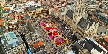 Aerial view of a flower carpet in Brussels, similar to the one that will be on display in Bradford
