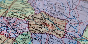 Yorkshire, UK, picture of a map in a world atlas