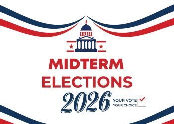 Midterm Elections 2026 USA Banner Set – Patriotic Red Blue Political Campaign Background with American Flag Style Design