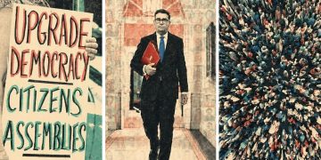 Triptych depicting 'Upgrade democracy citizen assemblies' placard, Andy Burnham and an overhead view of crowd.